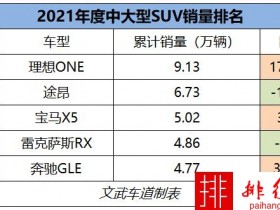 2021年中大型SUV销量排名，理想ONE受追捧，宝马X5高居第三